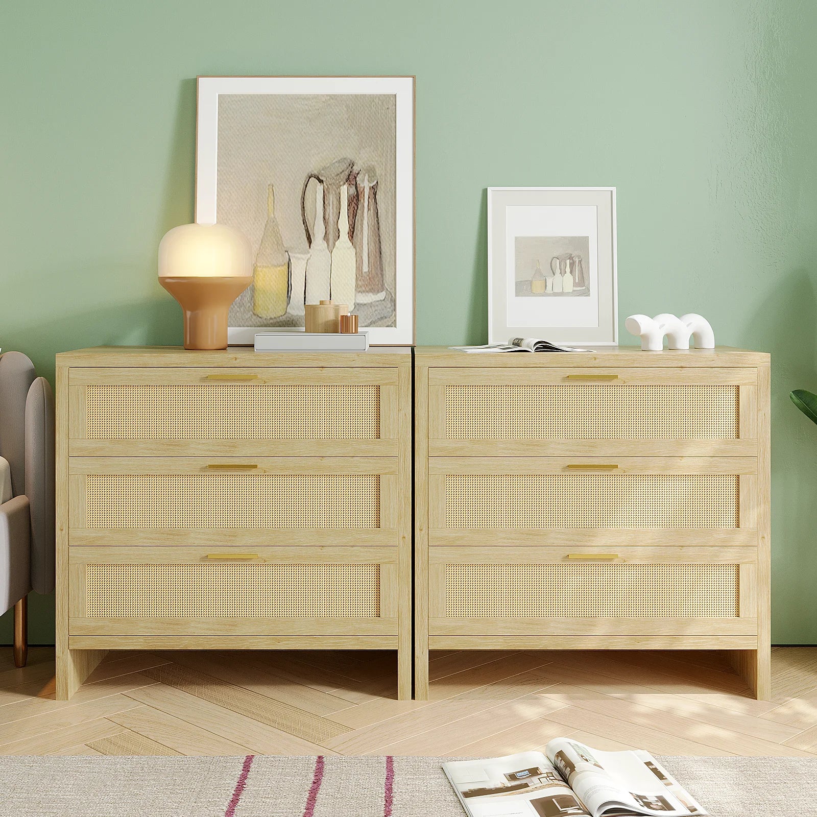 Richya Rattan Dresser with 4 Drawers, Wood Storage Cabinet for Living Room, Hallway, Nursery ,Bedroom