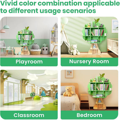 Kids Bookshelf - 5 Tier Kids Bookcase, Green Bookshelf for Children and Toddlers, Wooden Bookshelf for Classroom, Playroom, Bedroom, Nursery