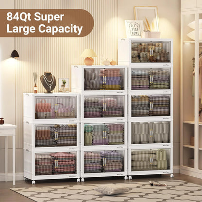 BROVIEW 100Gal Large Storage Bins with Lid, 400Qt Plastic Stackable Closet Organizer and Storage, Collapsible Storage Box with Wheels, Folding Storage Cabinet Containers for Home Office, 5Pack White