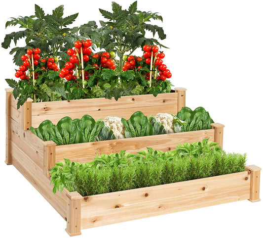 PINDEE 3-Tier Fir Wood Raised Garden Bed Planter Kit for Plants, Herbs, Vegetables, Outdoor Gardening w/Stackable & Flat Arrangement, Easy Assembly - Natural