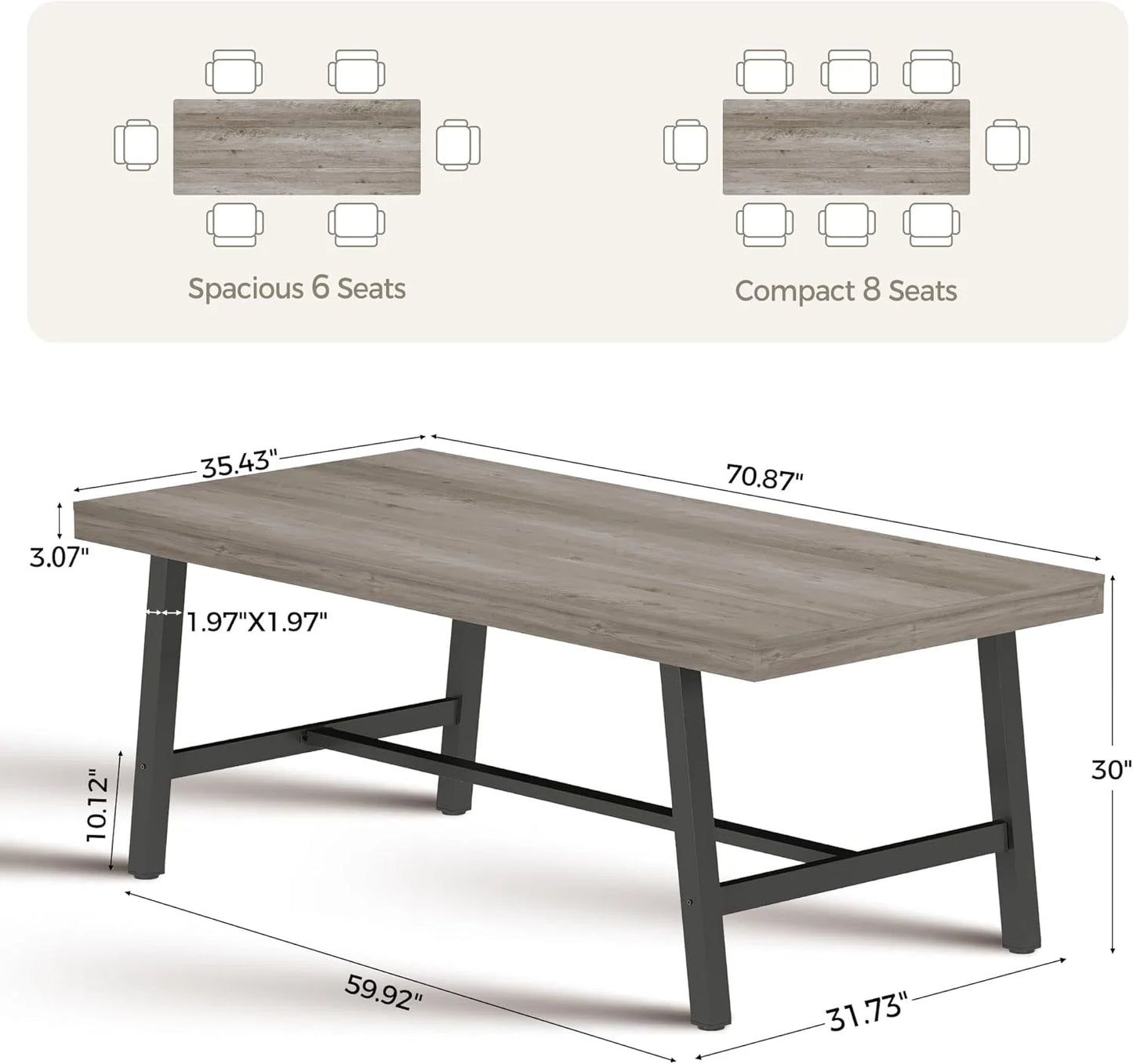 70 Inch Farmhouse Dining Table for 6 to 8, Large Rectangular Dinner Table for Dining Room, Home Office, Living Room, Gray