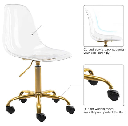 saney Clear Rolling Chair, Armless Desk Chair with Golden Feet Swivel Molded Plastic Shell Adjustable Home Office Chair with Wheels, Clear
