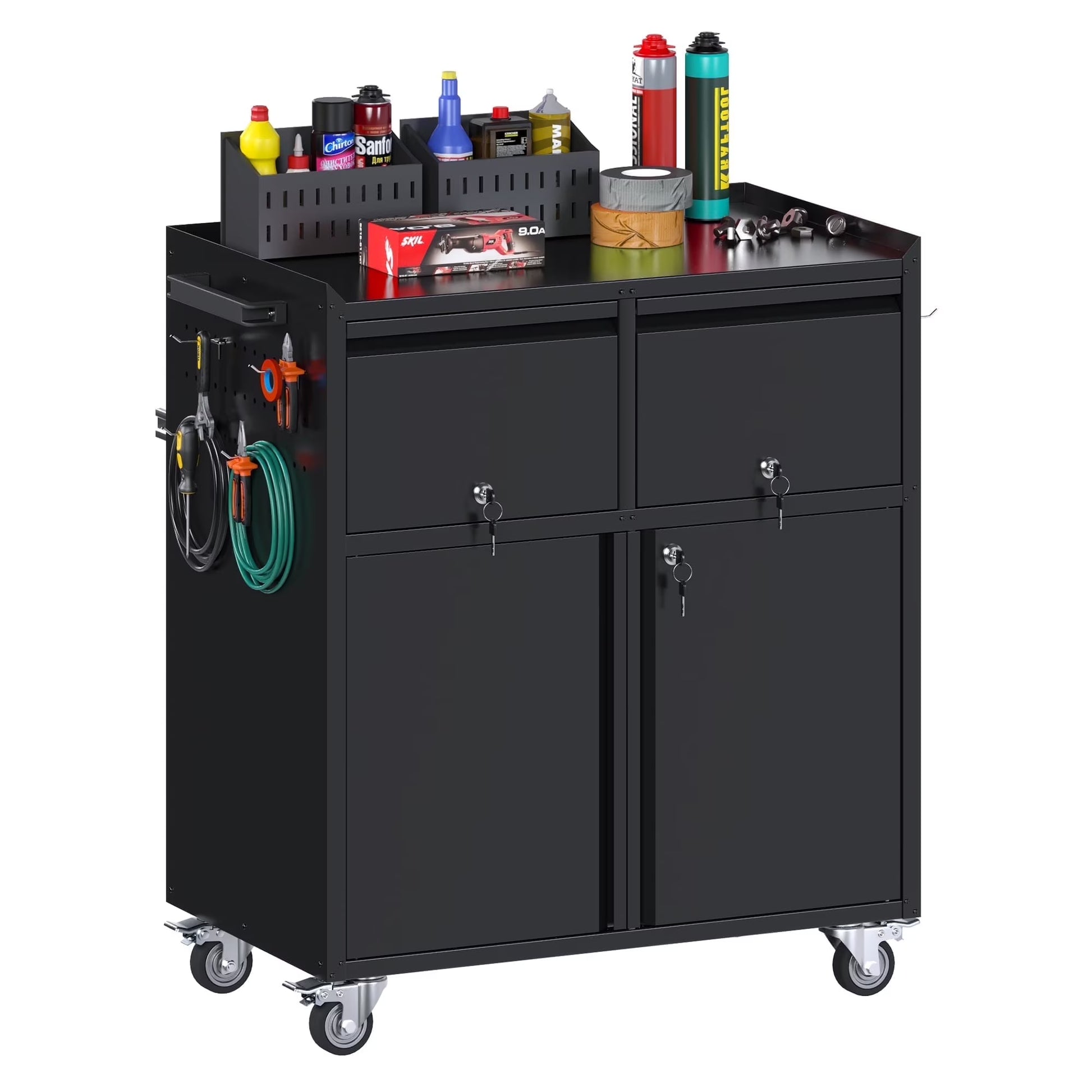 Gaeanet Rolling Tool Storage Cabinet with 5 Adjustable Shelves and Pegboard,Metal Garage Storage Cabinet with Wheels for Garage Home Office Utility Room,71" H32" W16" D,Required Assembly, Black