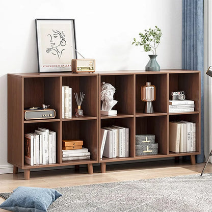 Freestanding Open Cubes Bookcase - 2-Tier Floor Standing Wooden Storage Display Cabinet Organizer with Legs for Home Office, 4-Cubes Open Shelf Low Short Bookshelf, Walnut