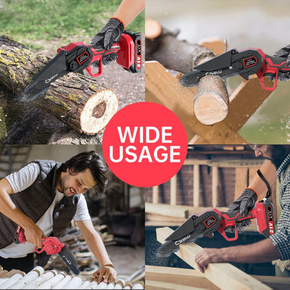 Mini Chainsaw 6 Inch Cordless, 2023 Upgrade Cordless Small Chainsaw, Battery Powered Hand Saw With Security Lock for Trees Branches Trimming Wood Cutting (2Pcs Batteries and 2Pcs Chains), Red