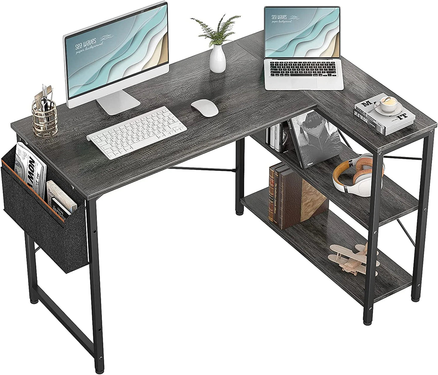 Homieasy L Shaped Desk, 47 Inch Reversible Computer Desk with Storage Shelves, Modern Corner Desk Gaming Desk Small Office Desk with Storage Bag for Home Office Workstation, Black Oak