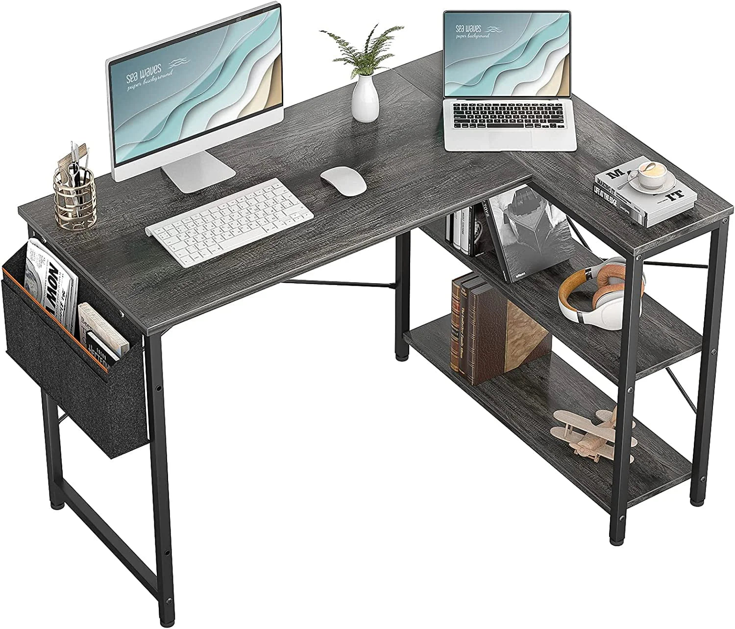 Homieasy L Shaped Desk, 47 Inch Reversible Computer Desk with Storage Shelves, Modern Corner Desk Gaming Desk Small Office Desk with Storage Bag for Home Office Workstation, Black Oak