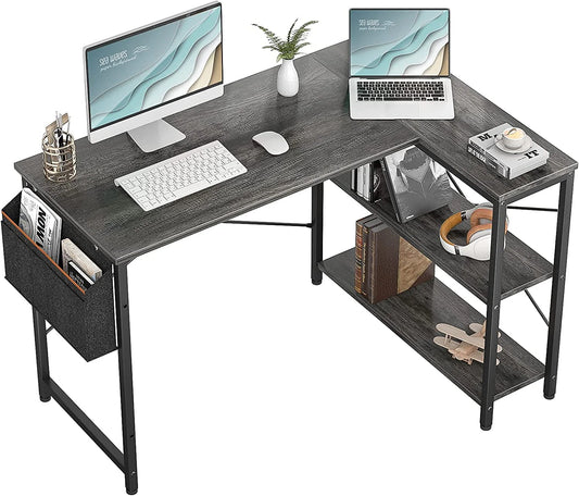 Homieasy L Shaped Desk, 47 Inch Reversible Computer Desk with Storage Shelves, Modern Corner Desk Gaming Desk Small Office Desk with Storage Bag for Home Office Workstation, Black Oak