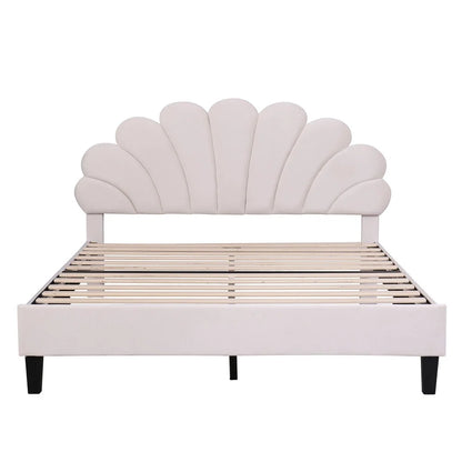 Queen Size Upholstered Platform Bed with Flower Headboard,Velvet Bed Frame for Kids Boys Girls,Beige