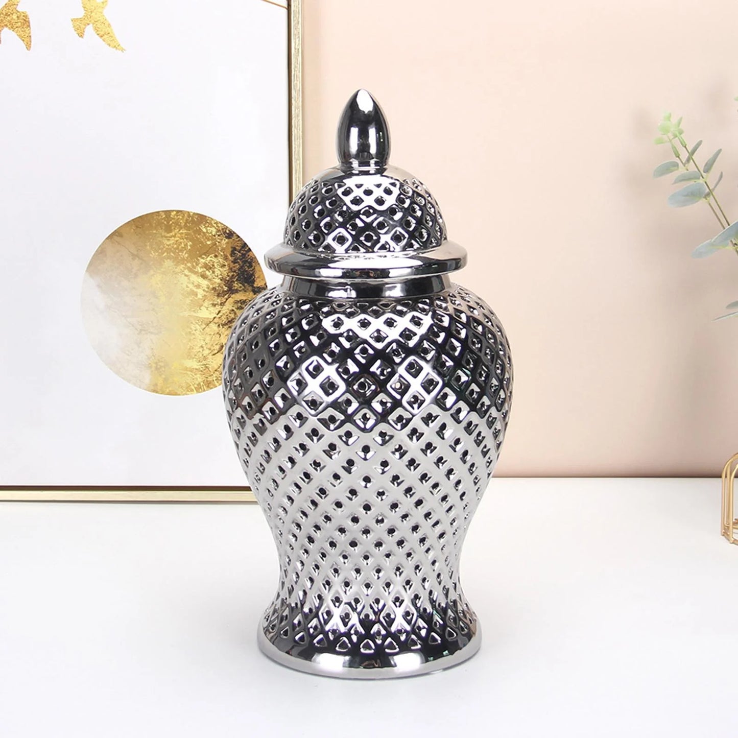 Vintage Style Ceramic Ginger Jar Dried Flower Vase Porcelain Storage Jar with