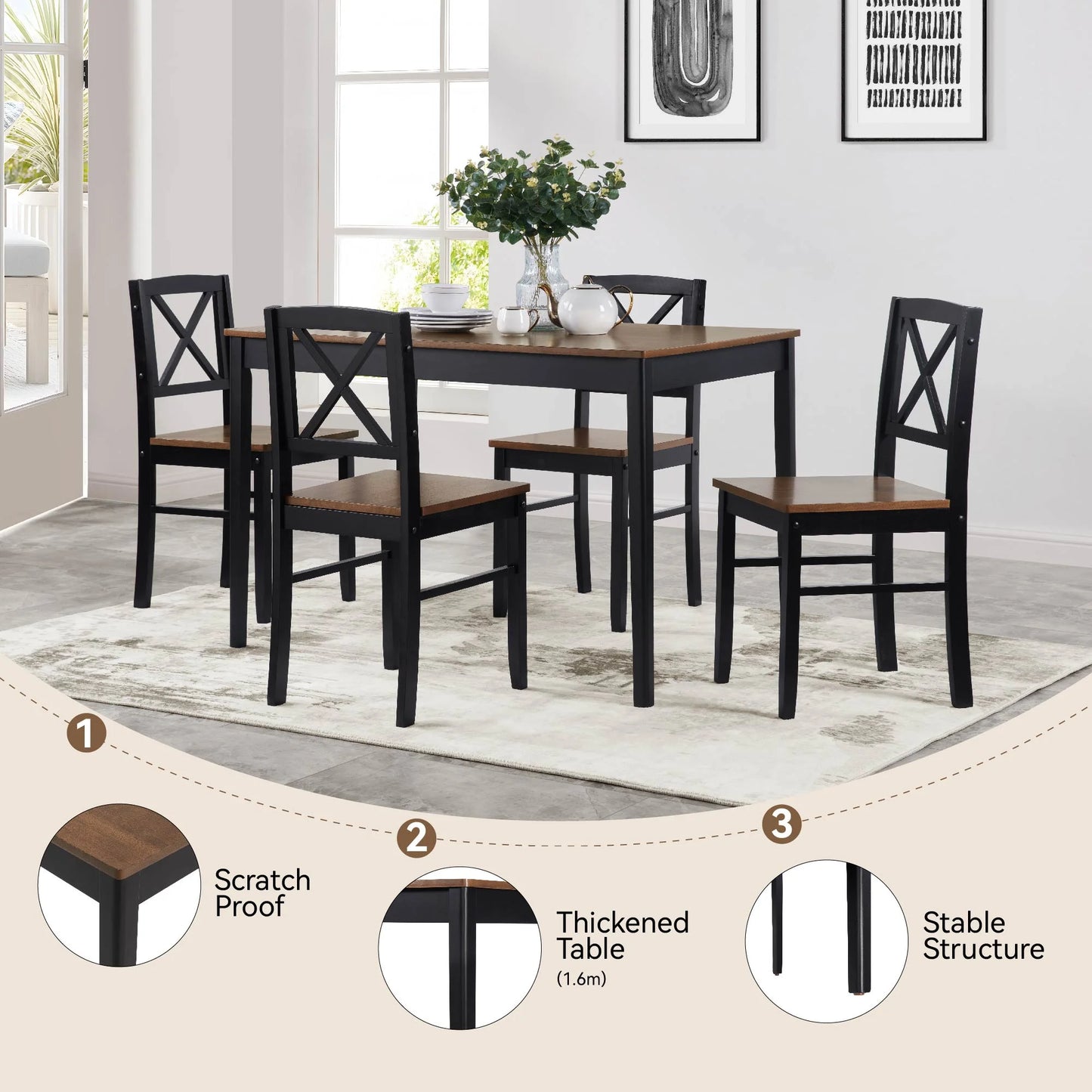 MAYEERTY Eco-Friendly Solid Wood Dining Set Sustainable Dining Table with Black Metal Accents for Home & Restaurant,Light Brown