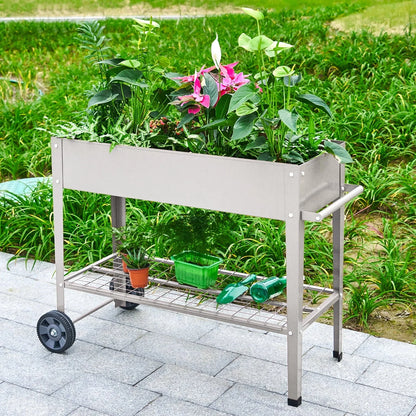 Pushable Grey Metal Raised Garden Bed, Outdoor/Indoor Garden Pots with Handles, Wheels and Shelves, Apartment Patio Stand for Vegetables Flowers Fruits from EXCITED WORK-37.5 inches Long