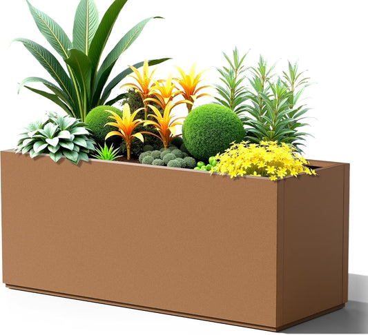 Large Rectangle Planter Metal Brown Planter Box with a Drainage Hole and a Removable Divider Indoor Outdoor Porch Pots for Tall , Trees, Flowers 37.99"x 15" x 16.26" Brown