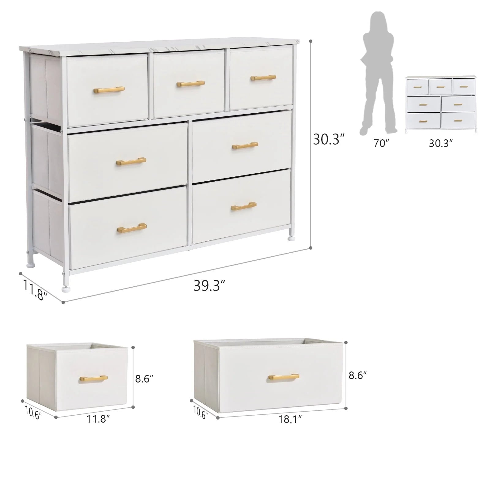 Bigroof 7 Drawer Fabric Dresser Accent White Dresser Chest Storage Organizer for Bedroom with Marbled WoodBoard and Artificial Leather for Living Room, Hallway, Entryway, Closet, Nursery, Kids Bedroom