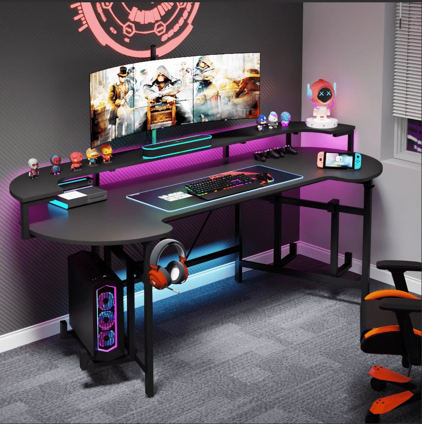 Tribesigns Gaming Desk with Monitor Shelf, 75 inch PC Computer Desk with LED Strip, Carbon Fiber Surface Gaming Table Gamer Workstation for Bedroom, Home Office, Black