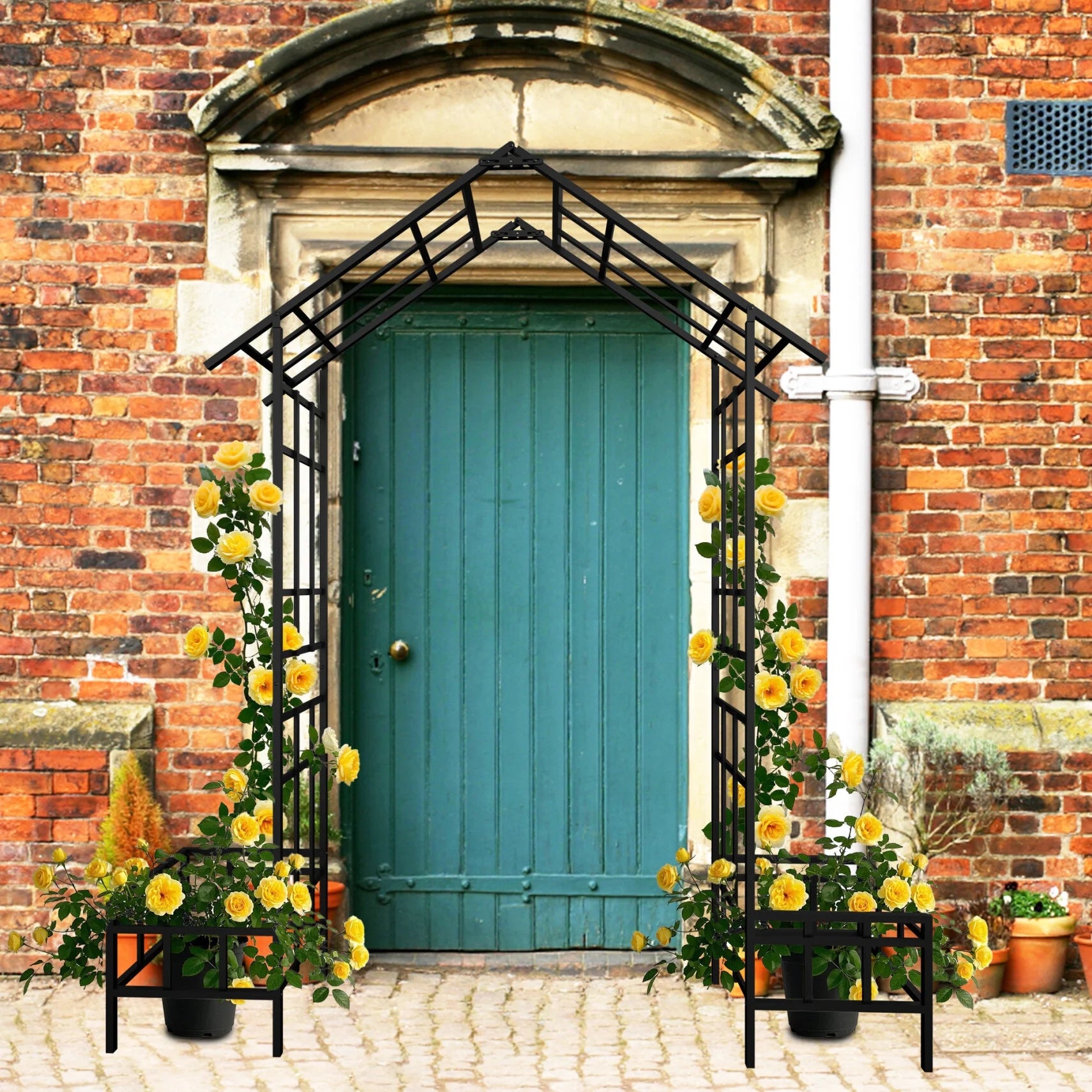 Metal Garden Arch with Plant Box and Adjustable Width, 2 in 1 House Shape Garden Arch Trellis for Climbing Plants Heavy Duty Steel Pergola Arch for Wedding Party Backyard Outdoor (Black)