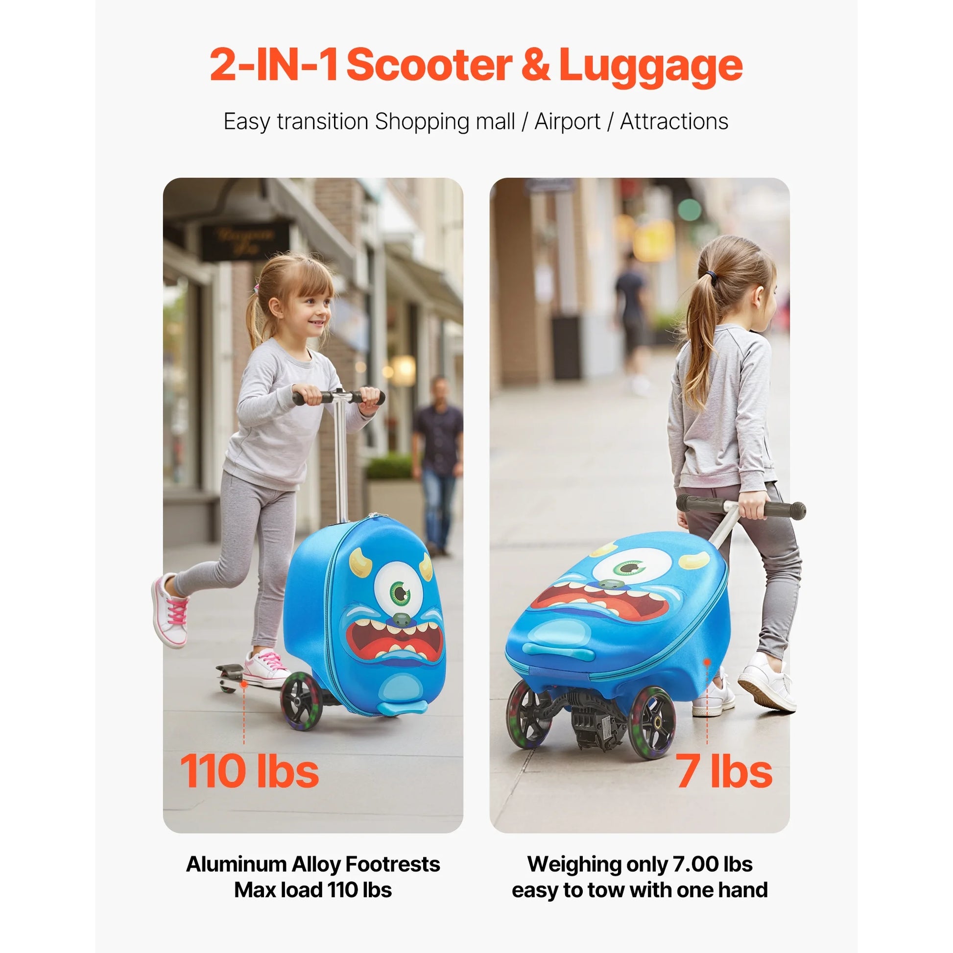 KFFKFF Ride-on Luggage for Kids, 20L Capacity, 20-Inch Scooter Suitcase with Flashing PU Wheels, Adjustable Handle & Non-Slip Grip, Foldable and Lightweight Design for Children Aged 5+, Blue