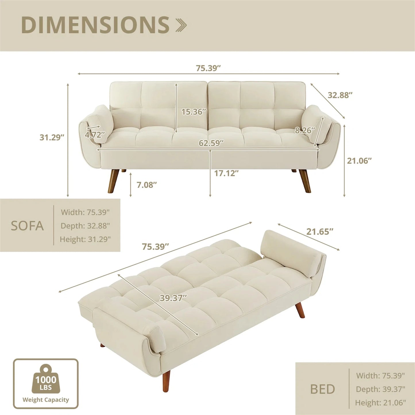 Aukfa 75" Flared Arm Futon Convertible Sofa Bed, Linen Sleeper Couch for Home Office, Beige