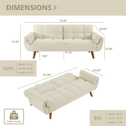 Aukfa 75" Flared Arm Futon Convertible Sofa Bed, Linen Sleeper Couch for Home Office, Beige