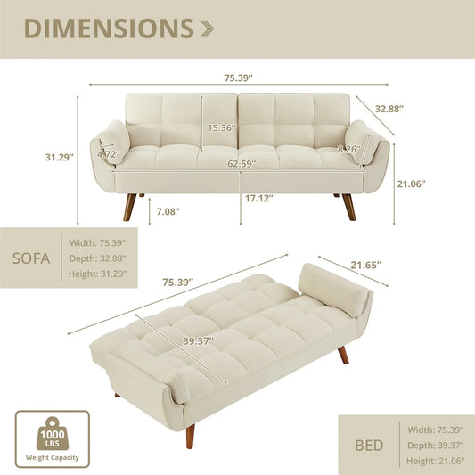 Aukfa 75" Flared Arm Futon Convertible Sofa Bed, Linen Sleeper Couch for Home Office, Beige
