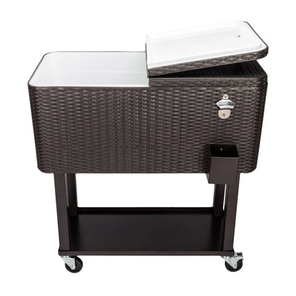 80QT Rattan Cooler with Shelf & Wheels - Insulated Outdoor Beverage Ice Chest for Parties, Patios, & Events - Durable Woven Design, Stainless Steel Accents, Keeps Cool 48 Hrs