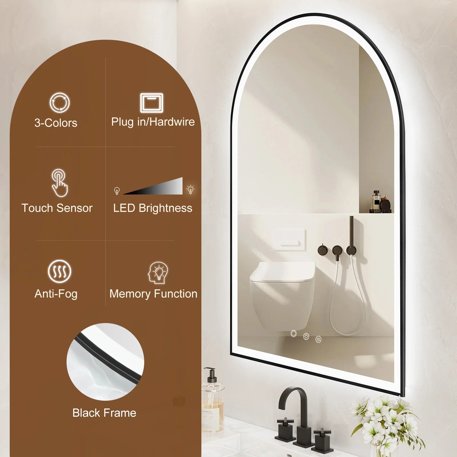 Funtouch Arched LED Bathroom Mirror 20"x30" with Front and Backlight, LED Bathroom Mirror with LightsAnti-Fog3 Colors, Memory,Shatterproof,UL Listed