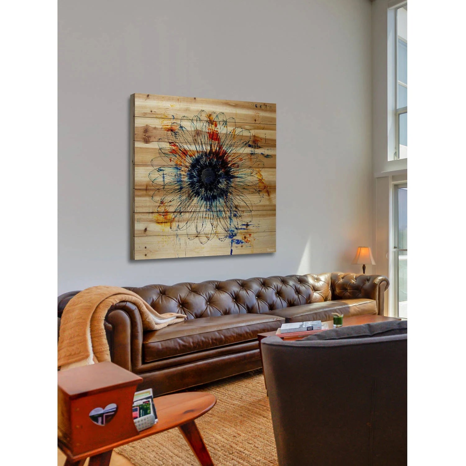 Parvez Taj - 'Stencil Flower' Painting Print on Natural Pine Wood 24 x 24