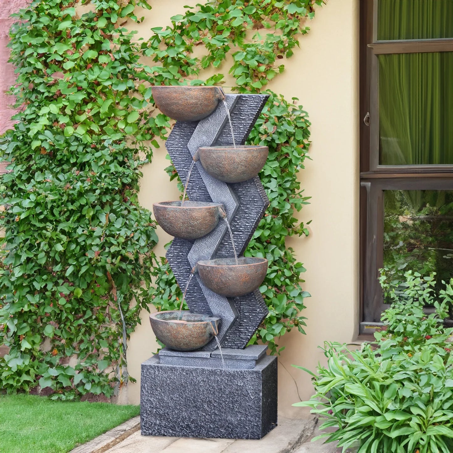 6-Tier Garden Outdoor Fountains and Waterfalls with Lights & Bowls for Patio, Backyard, Deck, Porch and Home Decor