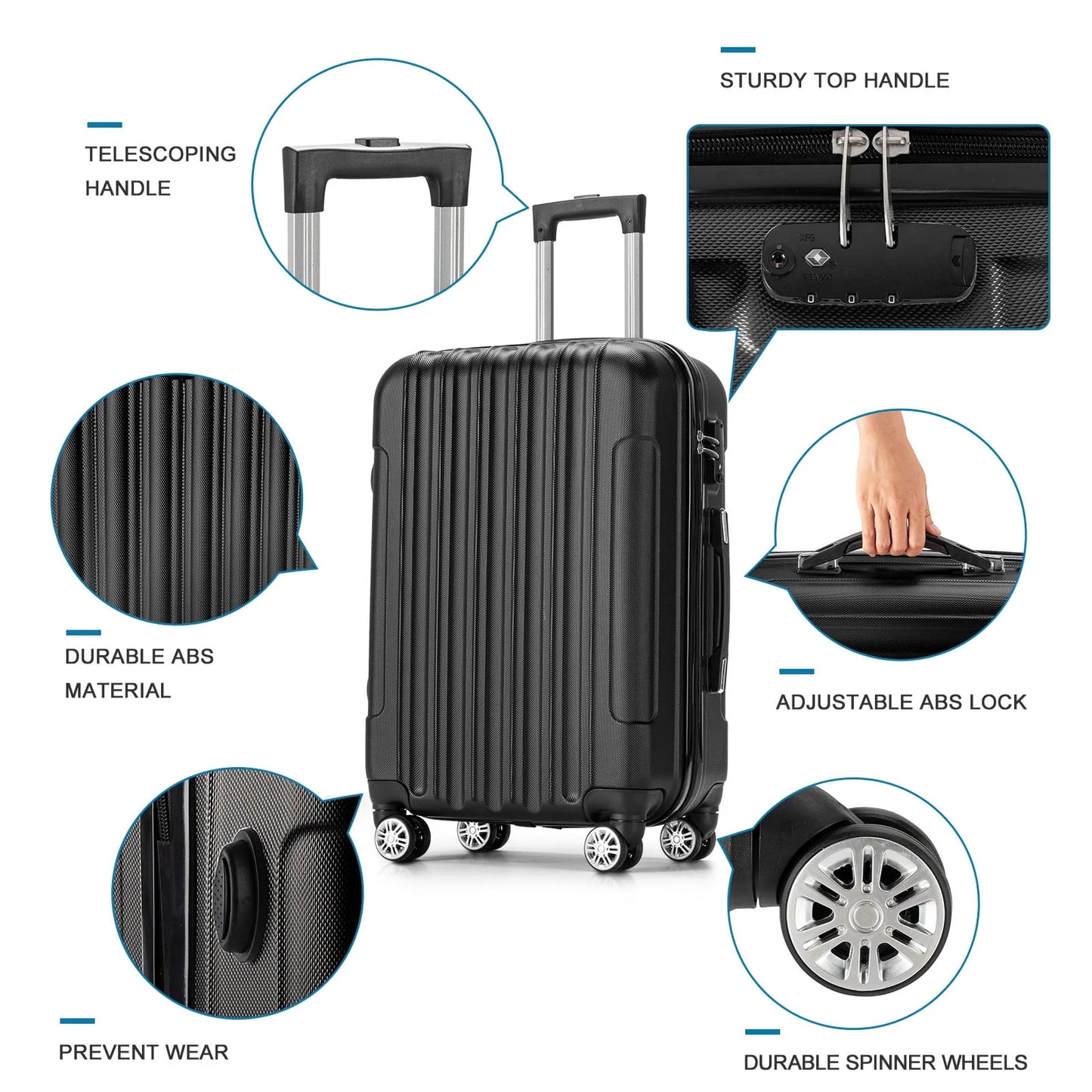 Zimtown 4 Piece Luggage Set, ABS Hard Shell Suitcase Luggage Sets Double Wheels with TSA Lock, Black