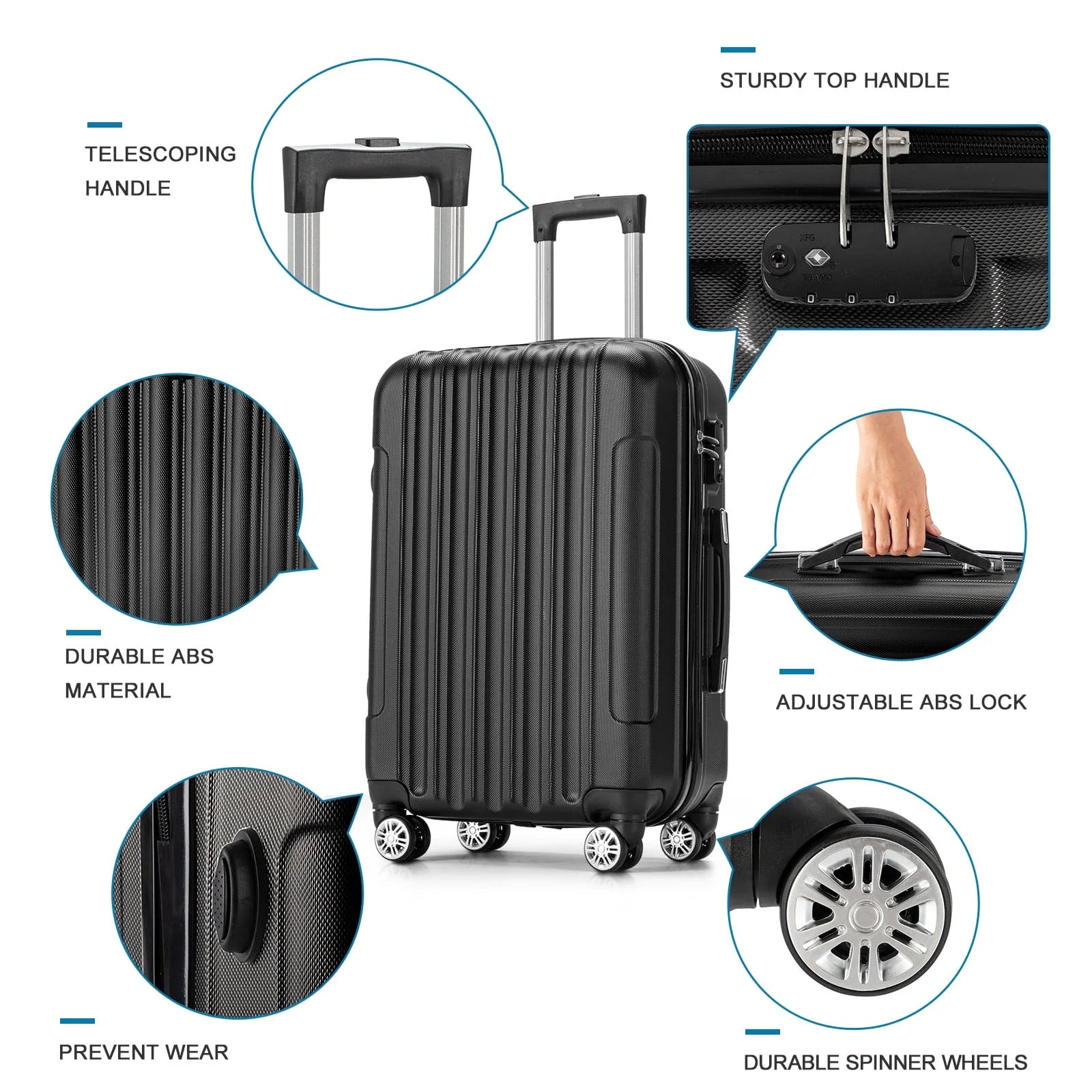 Zimtown 4 Piece Luggage Set, ABS Hard Shell Suitcase Luggage Sets Double Wheels with TSA Lock, Black
