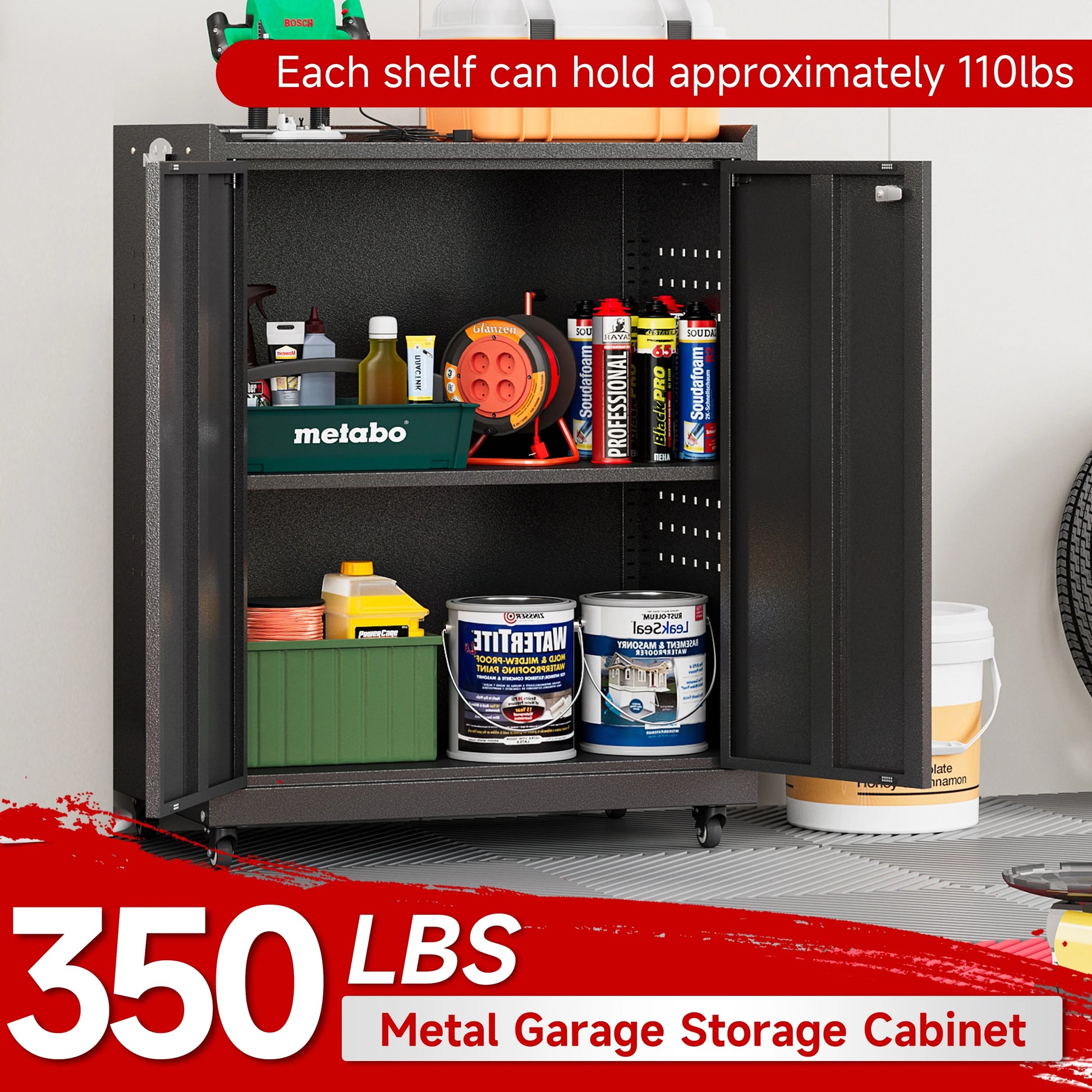 Bestoo Metal Storage Cabinet with Locking Doors, Garage Storage Cabinet with Wheels and Adjustable Shelves, Rolling Tool Storage Cabinet for Home Office, Garage, Pantry (Black)