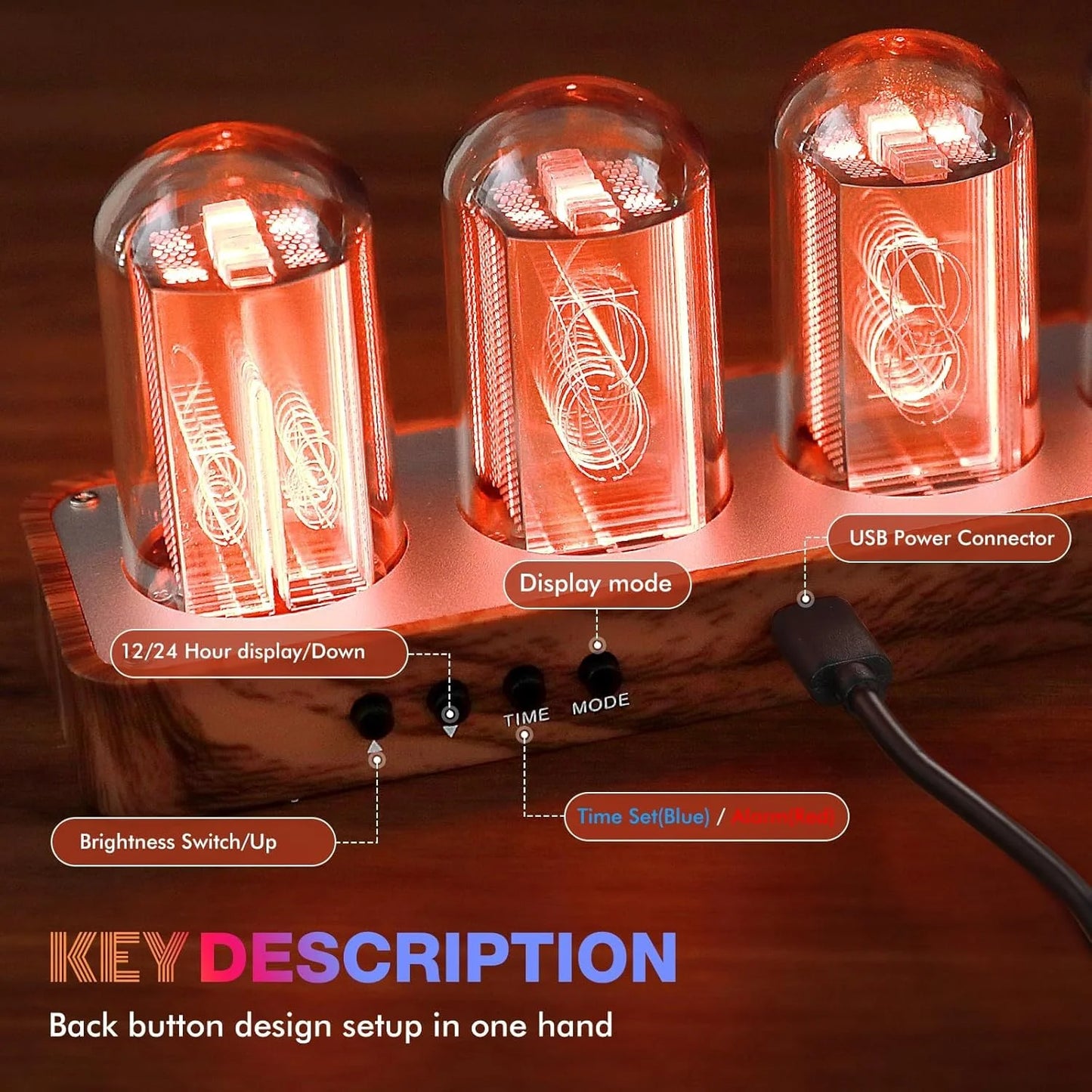 Retro Nixie Tube Clock with Wi-Fi Sync, Alarm & Timer, 12/24H Display, No Assembly Required - Wooden Design
