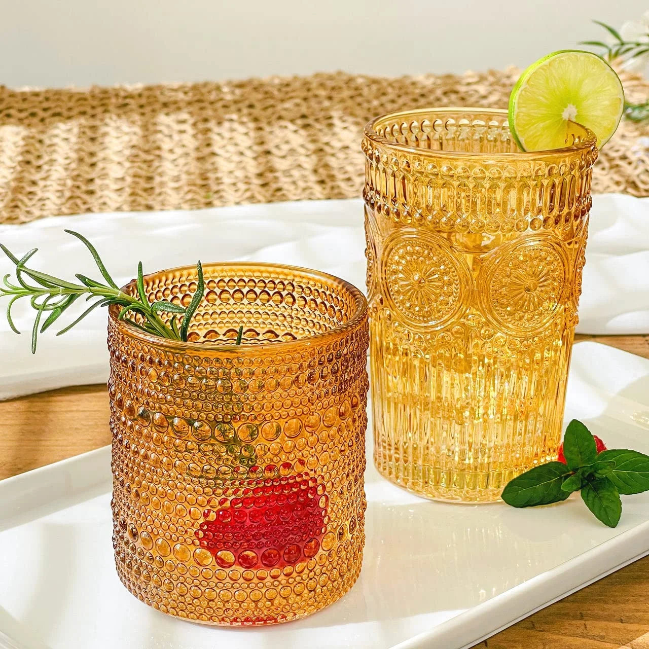 Vintage Textured Amber Striped Drinking Glasses Set of 24, (13 oz) Ribbed Glassware with Flower Design | Cocktail Set, Juice Glass, Water Tumbler