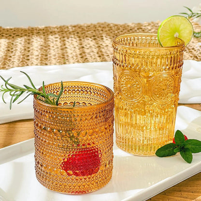 Vintage Textured Amber Striped Drinking Glasses Set of 24, (13 oz) Ribbed Glassware with Flower Design | Cocktail Set, Juice Glass, Water Tumbler