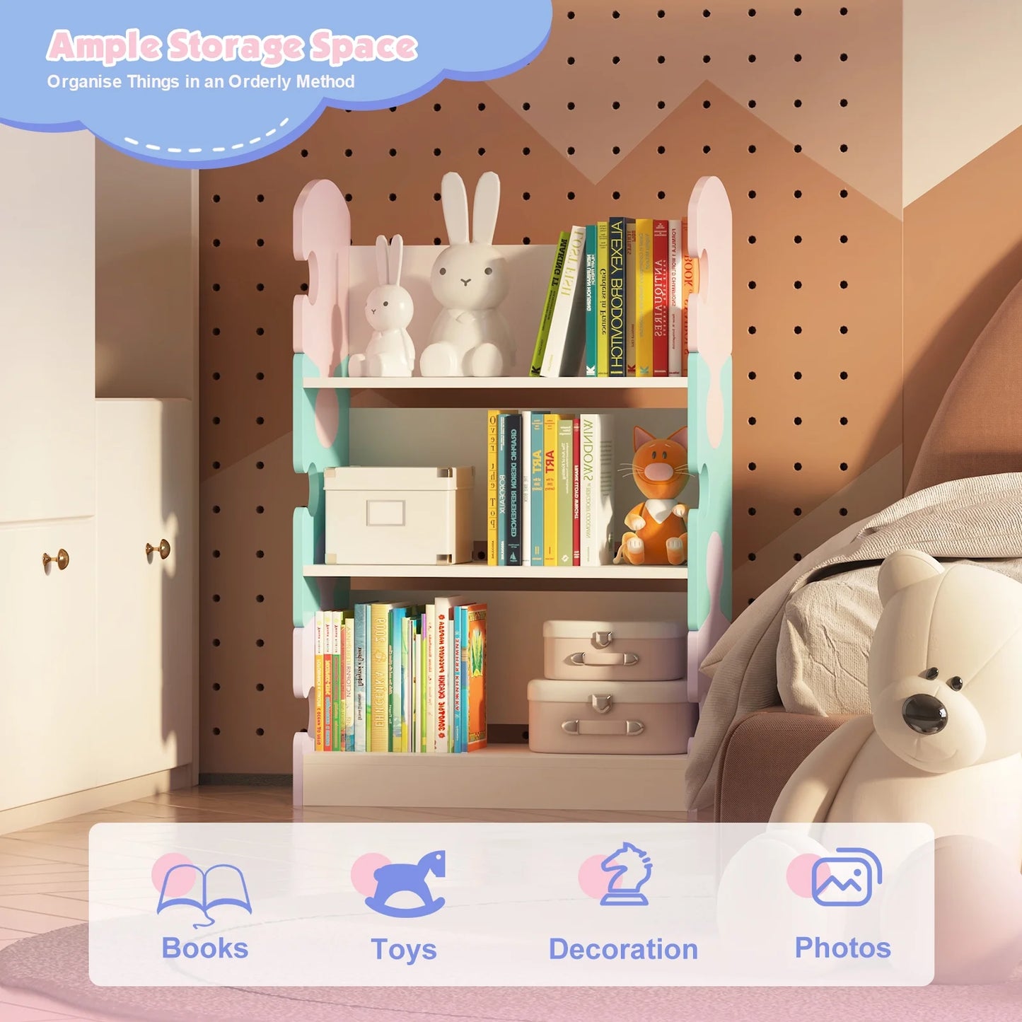 3-Tier Puzzle Piece Kids Bookshelf - Open Toy & Book Organizer for Nursery, Bedroom & Classroom