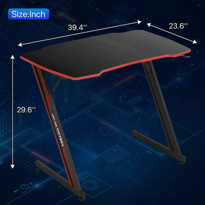 NiamVelo Gaming Desk 39.4 inch Z-Shaped Computer Desk PC Computer Table Home Office Desk Ergonomic Gamer Workstation with Headphone Hook, Red