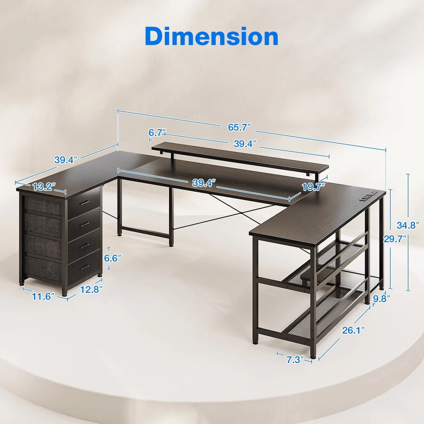66 inch U Shaped Writing Gaming Desk with Drawers, Home Office Desk with Adjustable Heights Monitor Stand, Reversible Corner Desk with LED Lights & Power Outlets, Black
