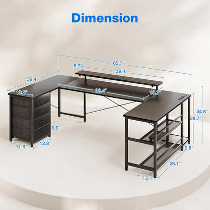 66 inch U Shaped Writing Gaming Desk with Drawers, Home Office Desk with Adjustable Heights Monitor Stand, Reversible Corner Desk with LED Lights & Power Outlets, Black