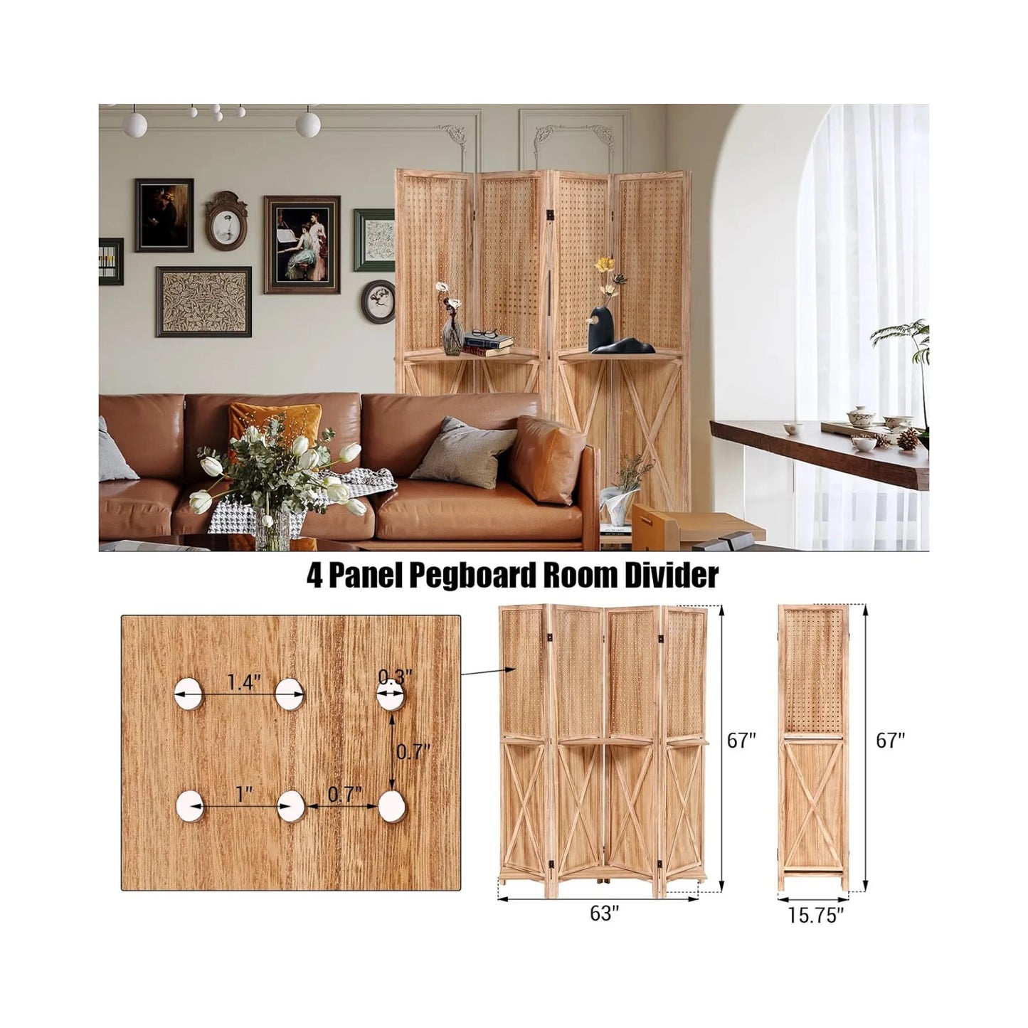 Wooden Room Divider Wall 4 Panel with Holes,5.6FT Tall Room Divider with Shelves,Folding Privacy Screens 67 in for Room Separation Home Office Bedroom