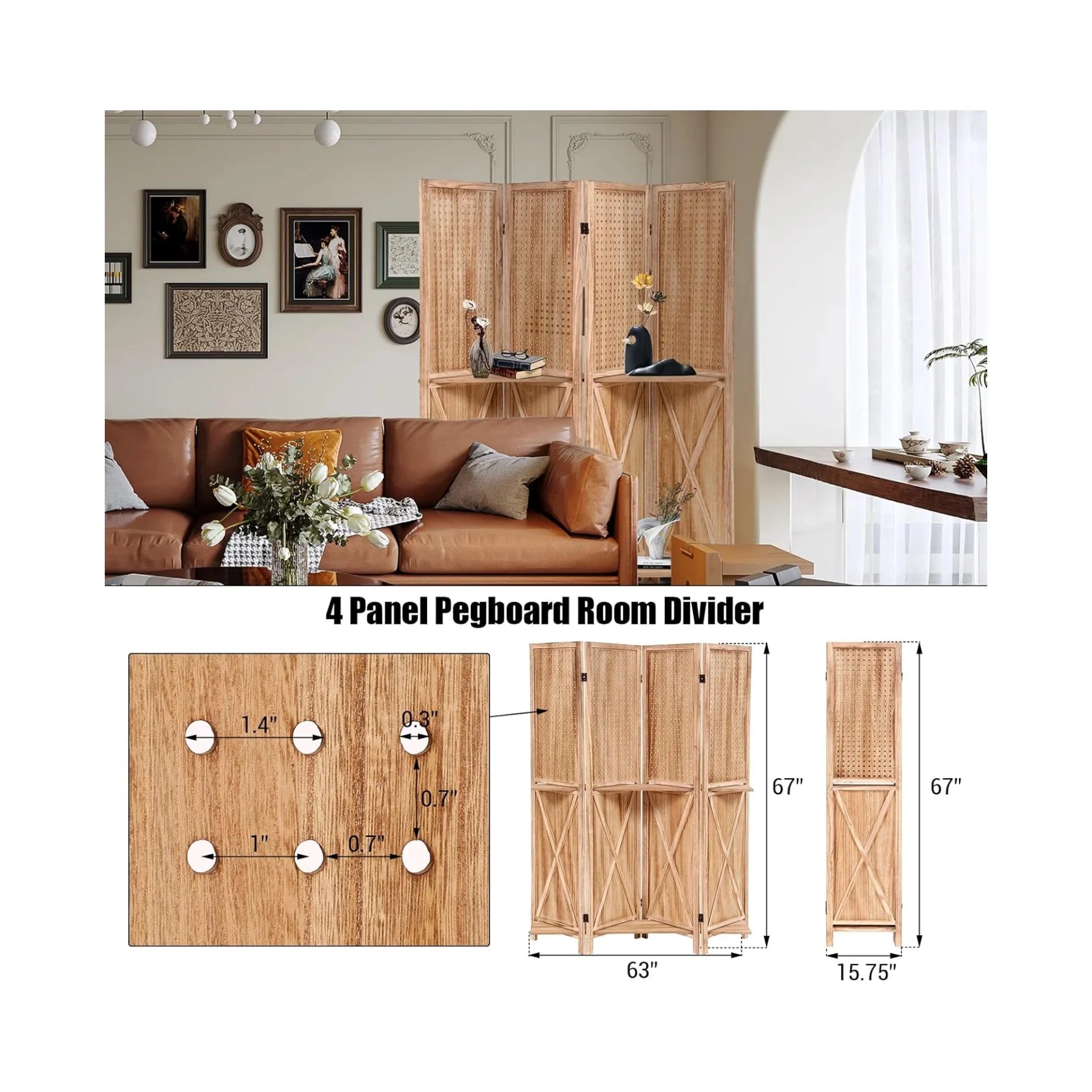 Wooden Room Divider Wall 4 Panel with Holes,5.6FT Tall Room Divider with Shelves,Folding Privacy Screens 67 in for Room Separation Home Office Bedroom