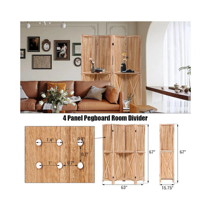 Wooden Room Divider Wall 4 Panel with Holes,5.6FT Tall Room Divider with Shelves,Folding Privacy Screens 67 in for Room Separation Home Office Bedroom