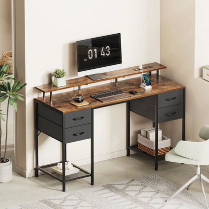 Huuger 55" Computer Desk with LED Lights & Power Outlets, Industrial Home Office Desk with Drawers & Storage Shelves, Corner Writing Desk, Gaming Desk, Rustic Brown