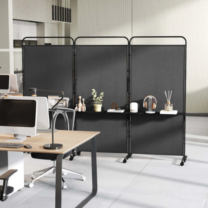 Costway 3-Panel Room Divider with Storage Shelves 6FT Tall Folding Privacy Screen on Wheels Black