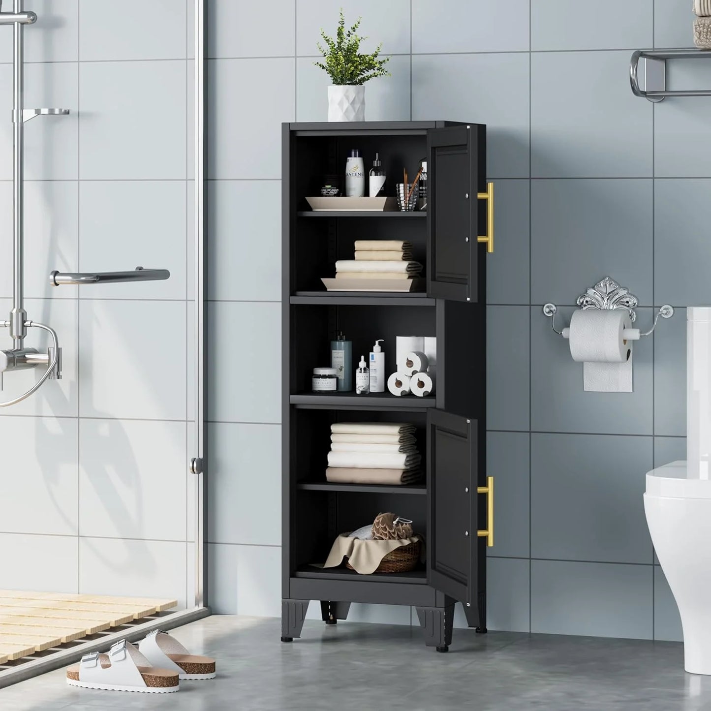 47.24" H Metal Narrow Bathroom Storage Cabinet Pantry Storage Cabinet, 2 Adjustable Shelves for Kitchen, Home Office, Living Room, Dinning Room (Black)