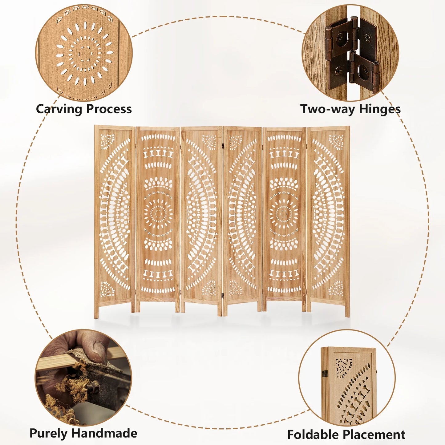 Aletheiawu 6 Panel Wood Carved Room Dividers, Folding Screens, No Installation Required, Light Brown
