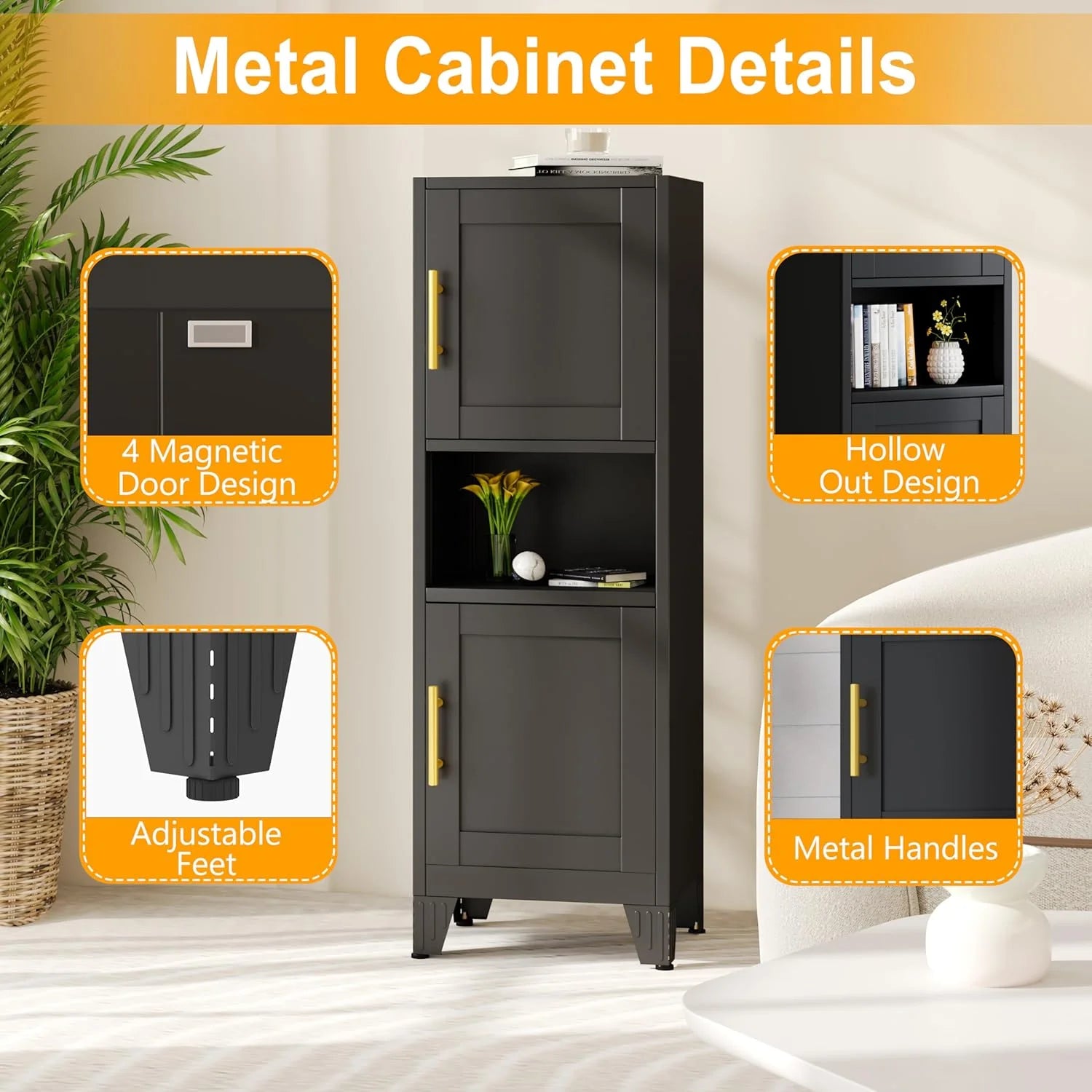 47.24" H Metal Narrow Bathroom Storage Cabinet Pantry Storage Cabinet, 2 Adjustable Shelves for Kitchen, Home Office, Living Room, Dinning Room (Black)
