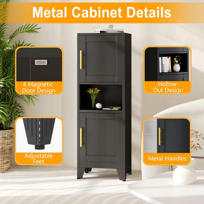 47.24" H Metal Narrow Bathroom Storage Cabinet Pantry Storage Cabinet, 2 Adjustable Shelves for Kitchen, Home Office, Living Room, Dinning Room (Black)