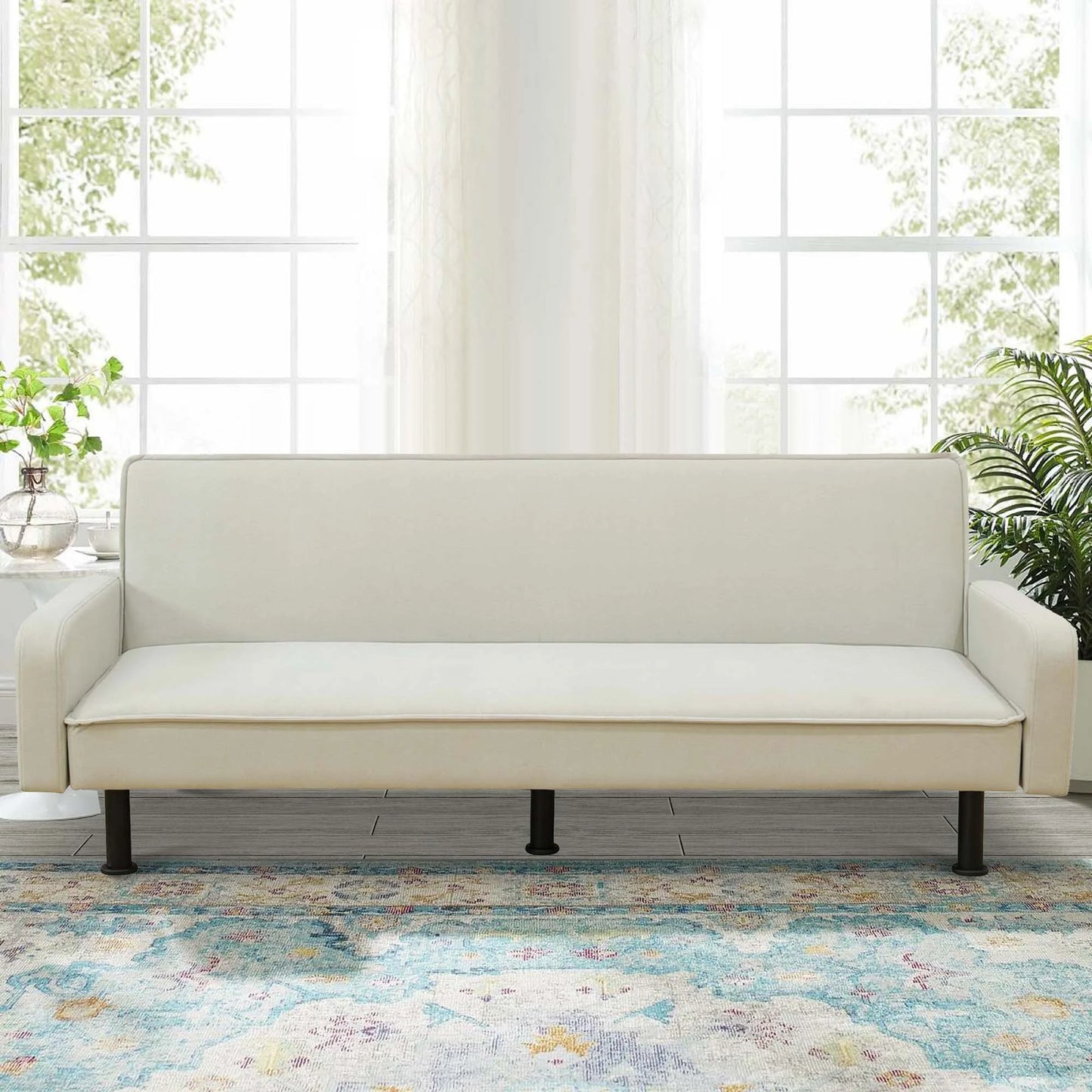 Aukfa 78" Square Arm Futon Sofa Bed Upholstered 3 Seat Couch for Home Office, Flannel, Light Gray