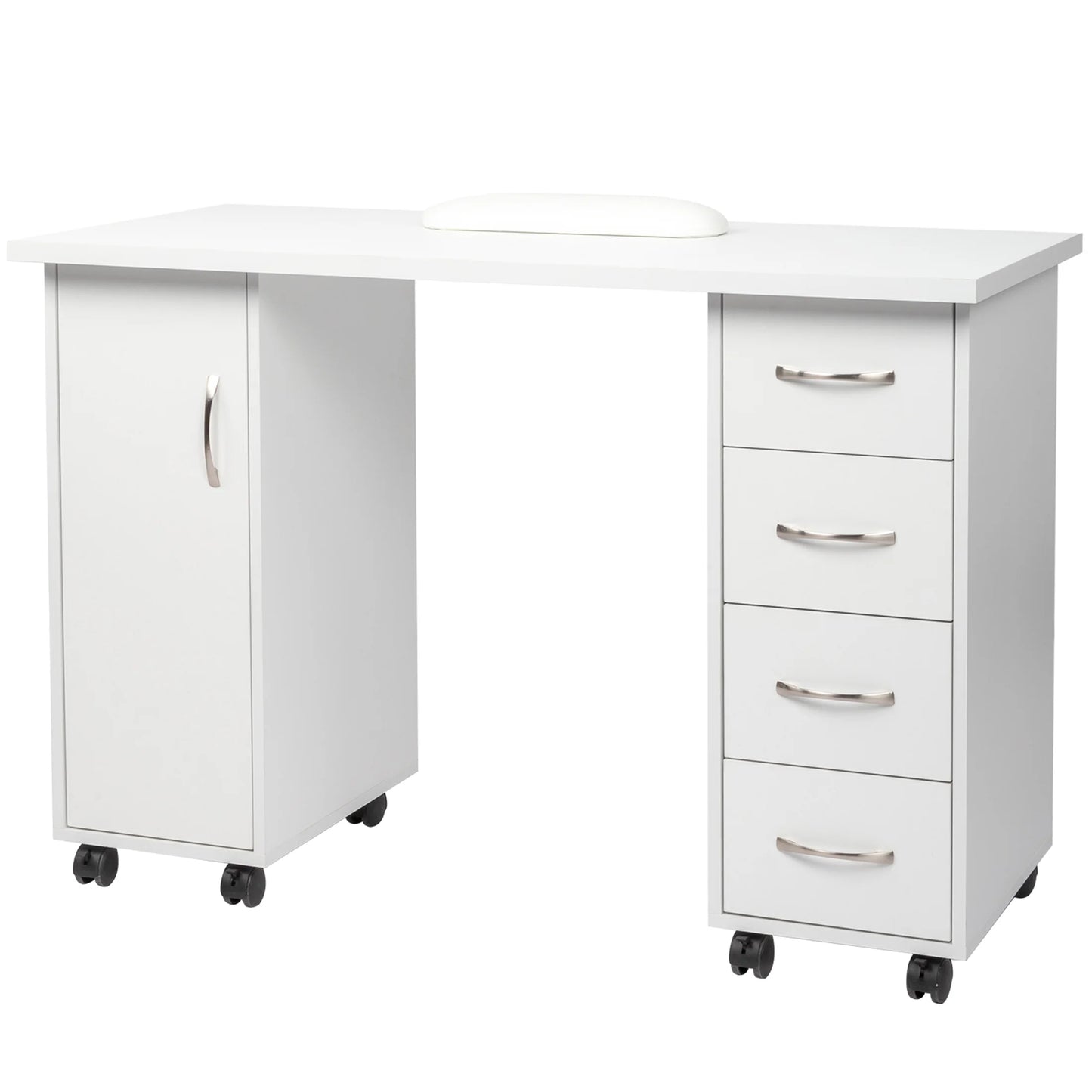 Sesslife White Computer Desk, Writing Desk with Lockable WheelsModern Wood Study Desk with 4 Drawers for Home Office Workstation