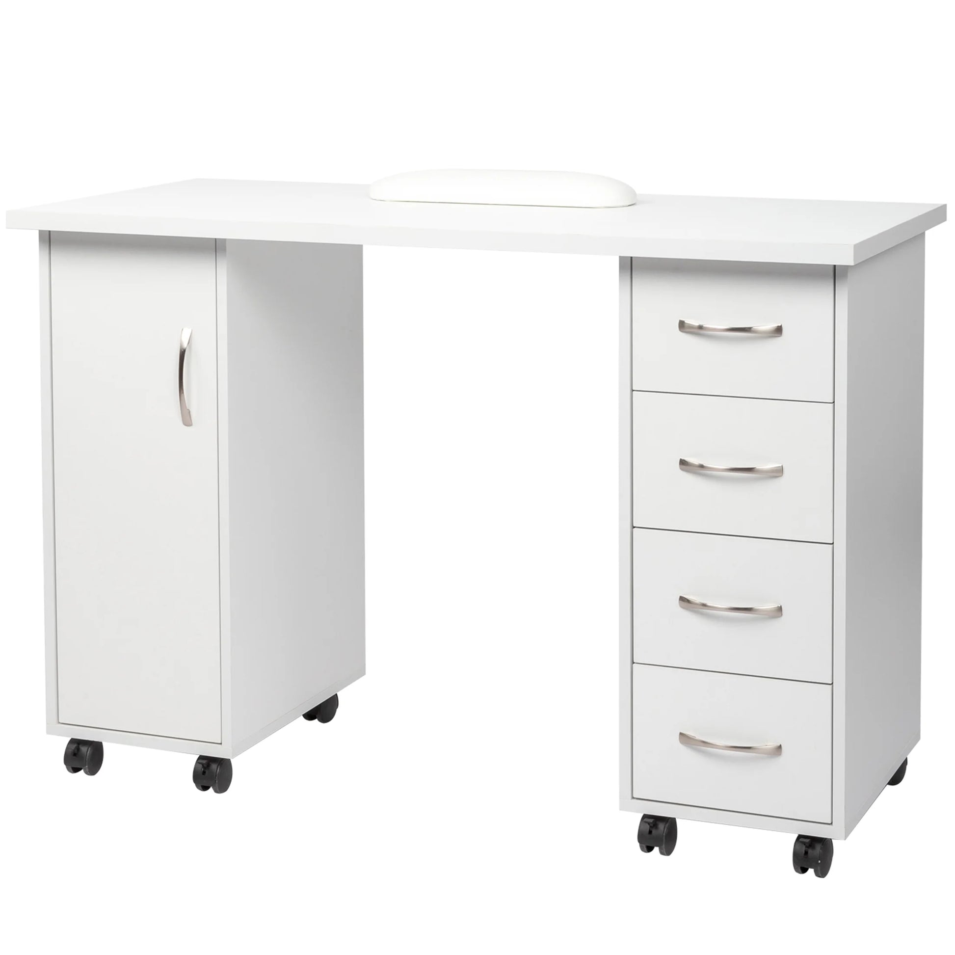 Sesslife White Computer Desk, Writing Desk with Lockable WheelsModern Wood Study Desk with 4 Drawers for Home Office Workstation